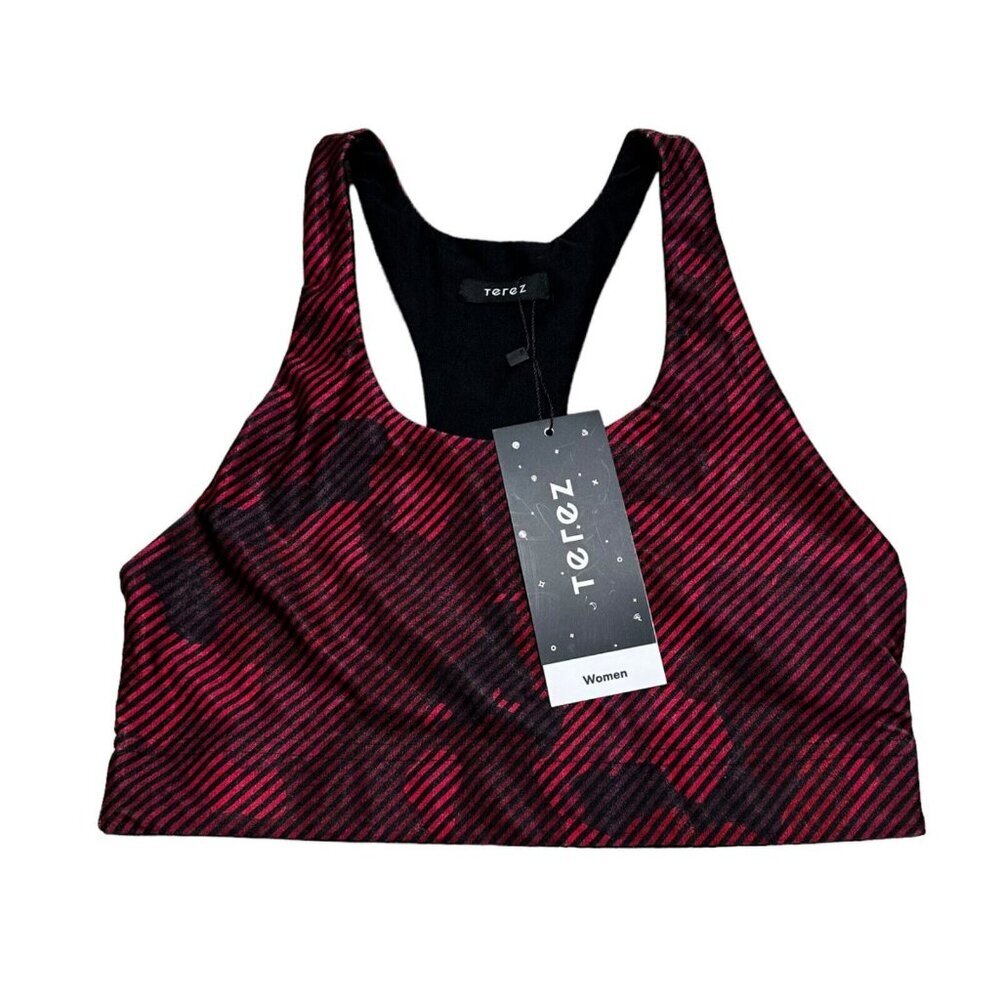 TEREZ‎ Womens Size M Red Black Camouflage & Stripes Sports Bra NWT
